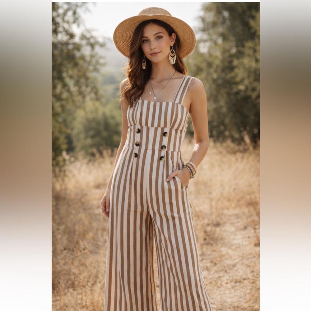 Urban Outfitters Striped Wide Leg Jumpsuit Tan White Summer Beach XS